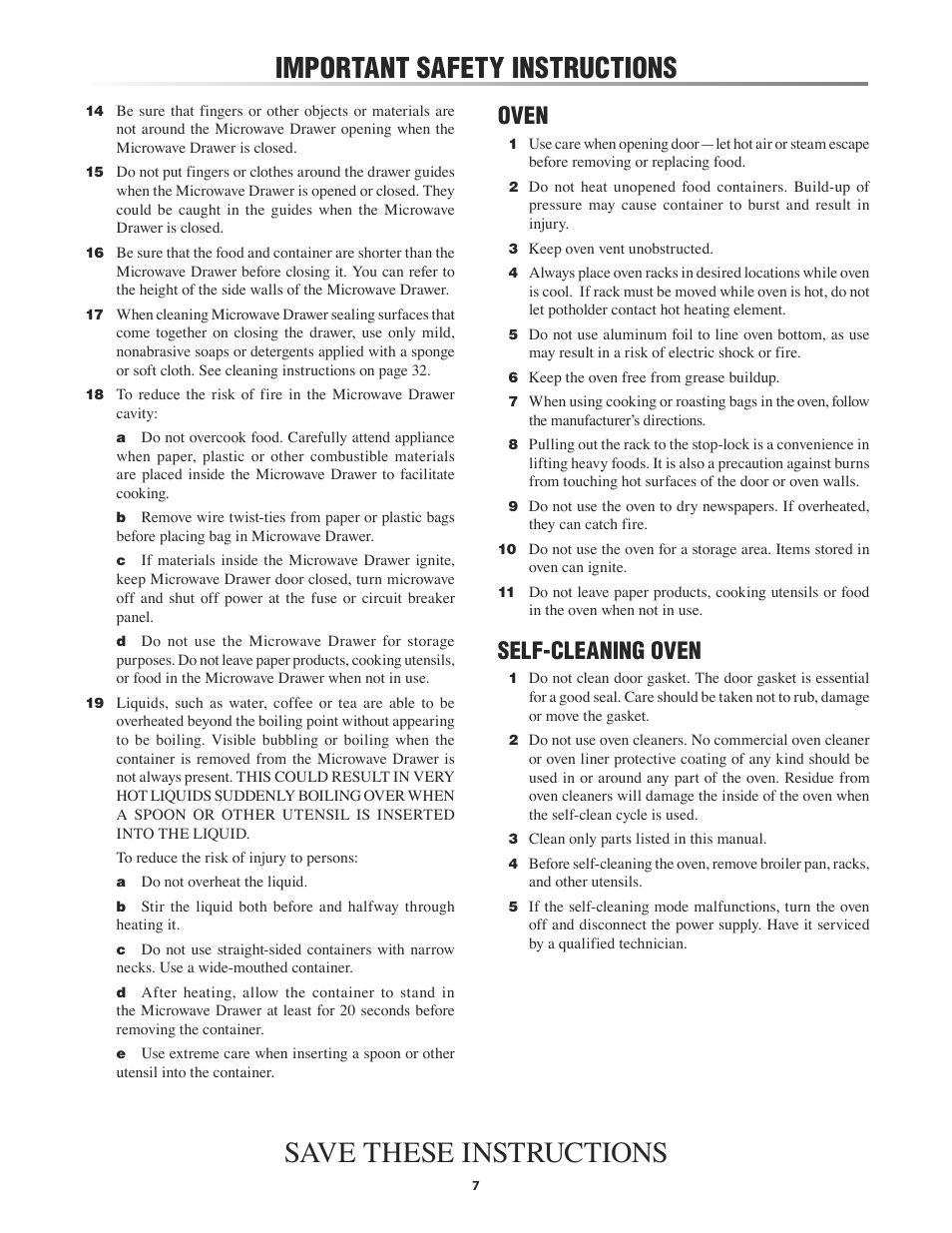 Ve drawer™ -7, Save these instructions, Important safety instructions | Oven, Self-cleaning oven | Sharp KB-3411J User Manual | Page 7 / 40