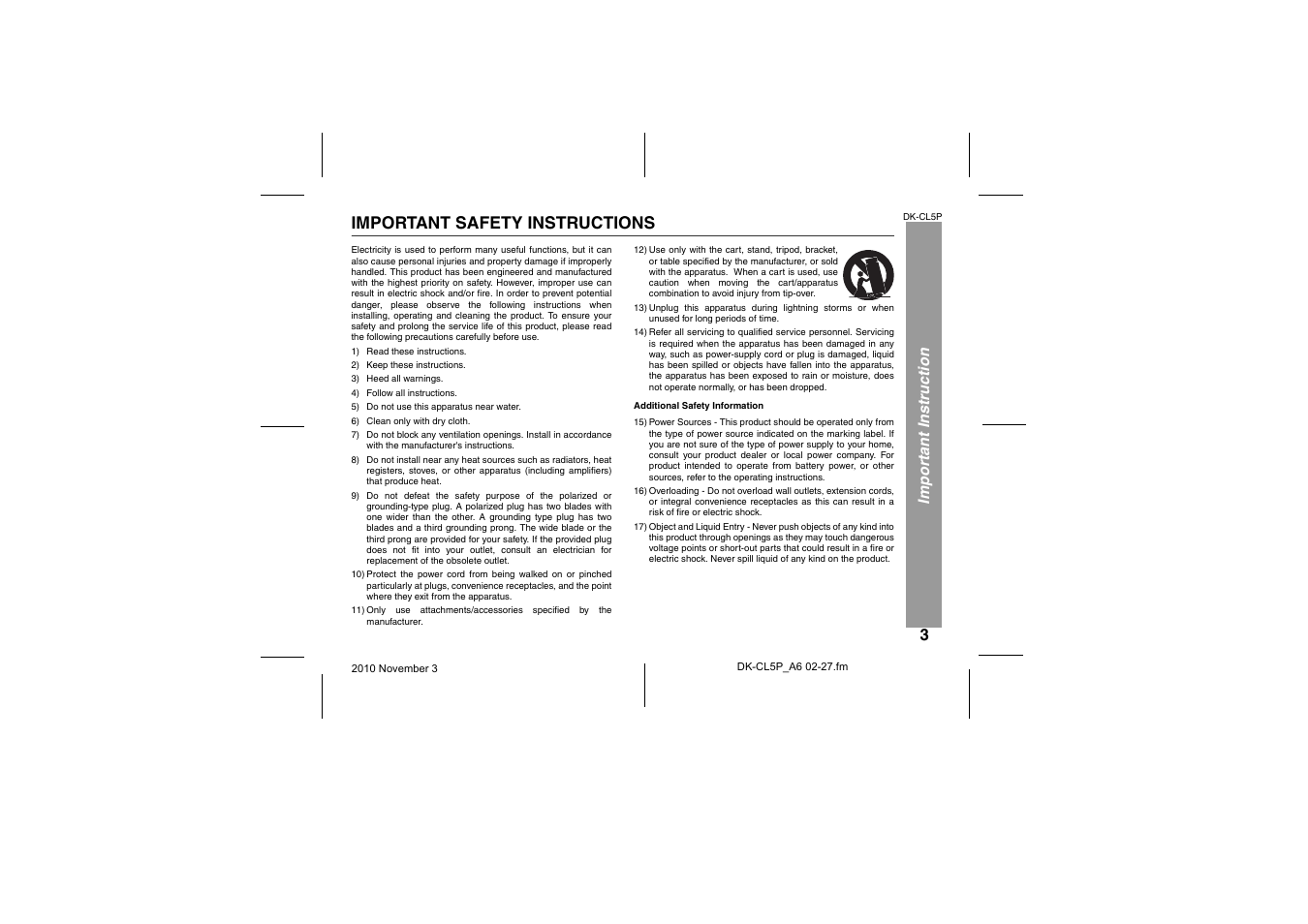 Important safety instructions, Important i n struction | Sharp DK-CL5P User Manual | Page 3 / 32