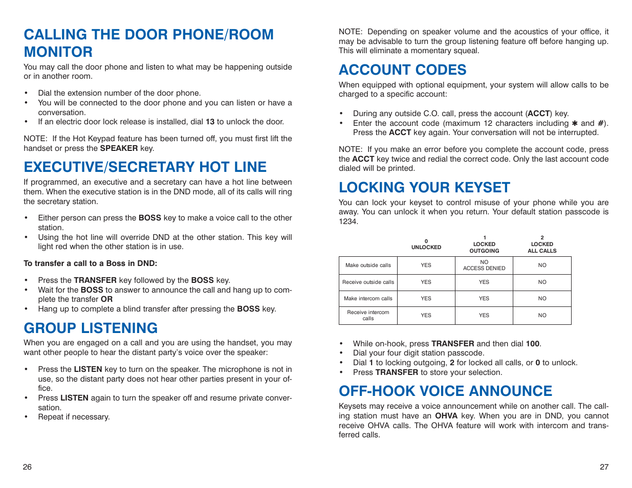 Account codes, Locking your keyset, Off-hook voice announce | Calling the door phone/room monitor, Executive/secretary hot line, Group listening | Sharp DS 24D User Manual | Page 16 / 24