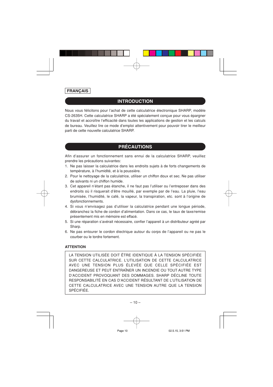Introduction précautions | Sharp CS-2635H User Manual | Page 12 / 48
