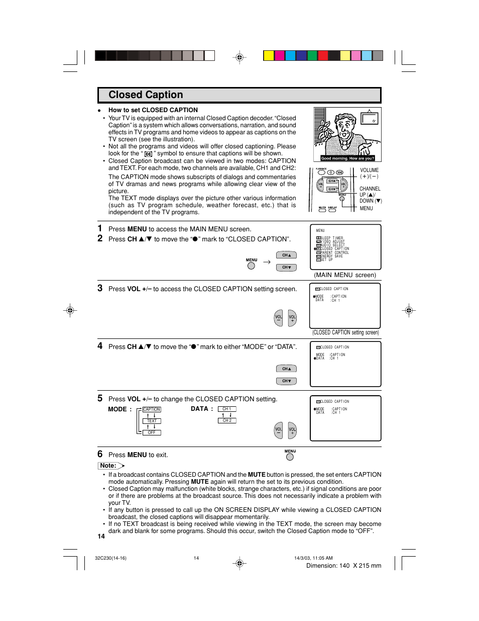 Closed caption | Sharp 32C230 User Manual | Page 14 / 52
