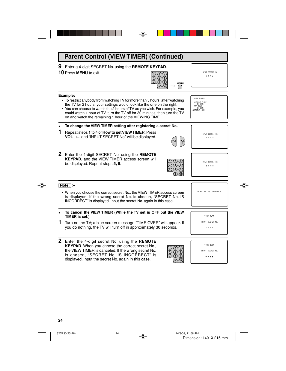 Parent control (view timer) (continued), Enter a 4-digit secret no. using the remote keypad, Press menu to exit | Sharp 32C230 User Manual | Page 24 / 52