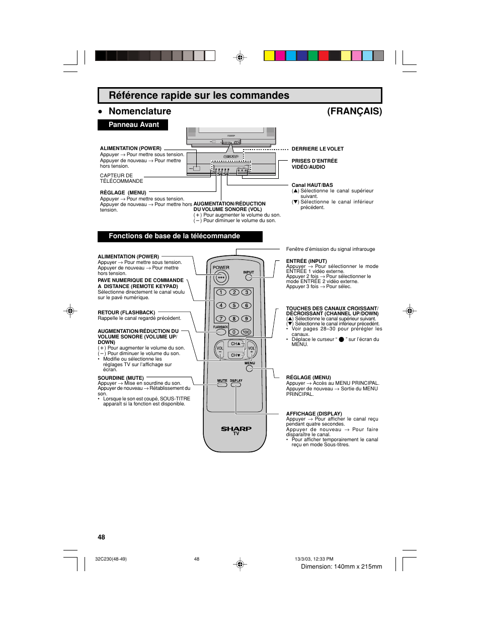 Référence rapide sur les commandes, Nomenclature (français) | Sharp 32C230 User Manual | Page 48 / 52