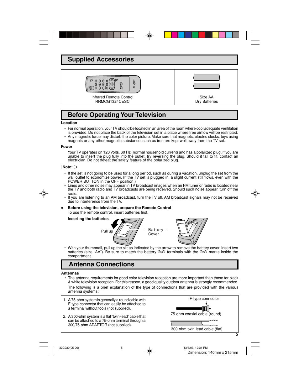 Supplied accessories, Before operating your television, Antenna connections | Sharp 32C230 User Manual | Page 5 / 52