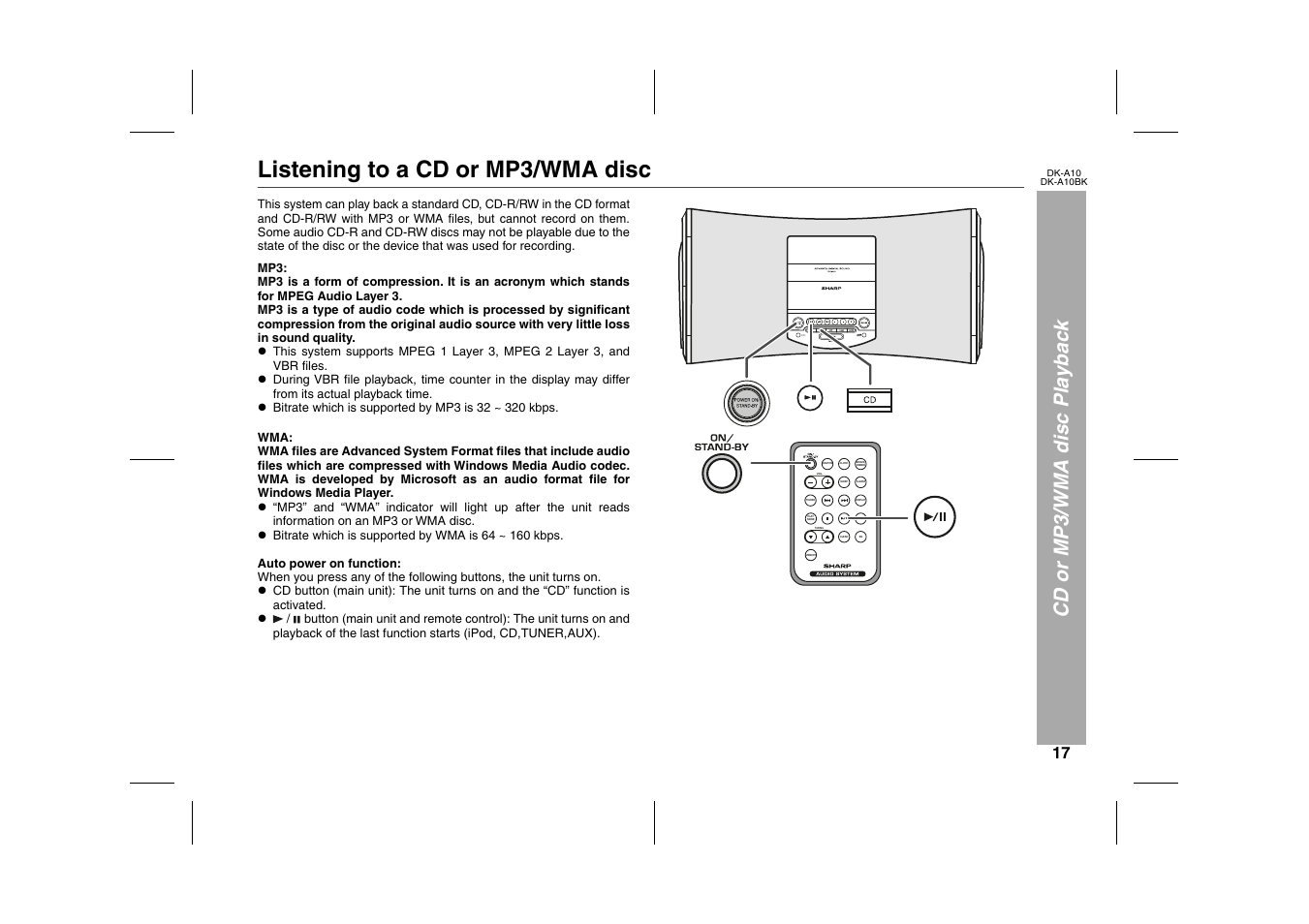 Cd or mp3/wma disc playback, Listening to a cd or mp3/wma disc, Graphic | Sharp DK-A10 User Manual | Page 17 / 30
