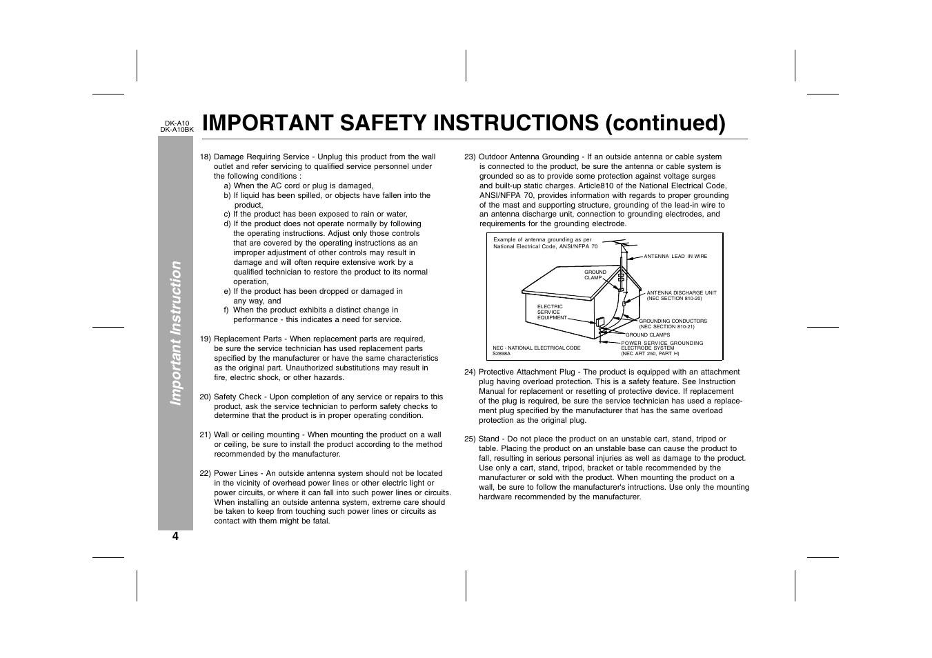 Important instruction, Important safety instructions (continued), Graphic | Sharp DK-A10 User Manual | Page 4 / 30