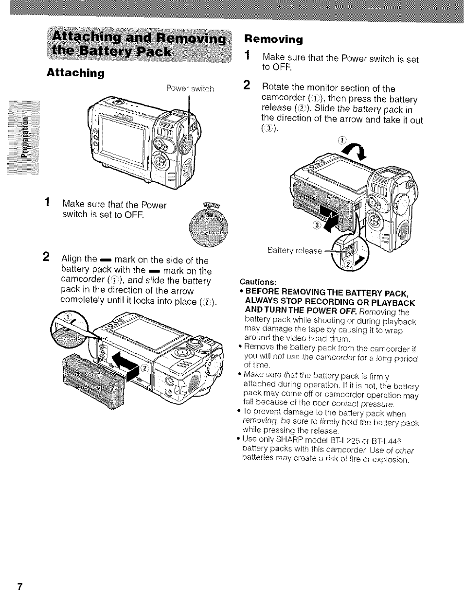 Attaching and removing the battery pack, Attaching, Removing | Preparation | Sharp VIEWCAM VL-NZ50U User Manual | Page 20 / 83