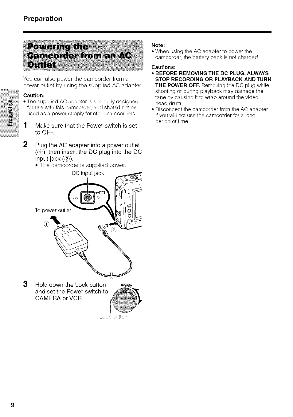 Powering the camcorder from an ac outlet, Preparation | Sharp VIEWCAM VL-NZ50U User Manual | Page 22 / 83