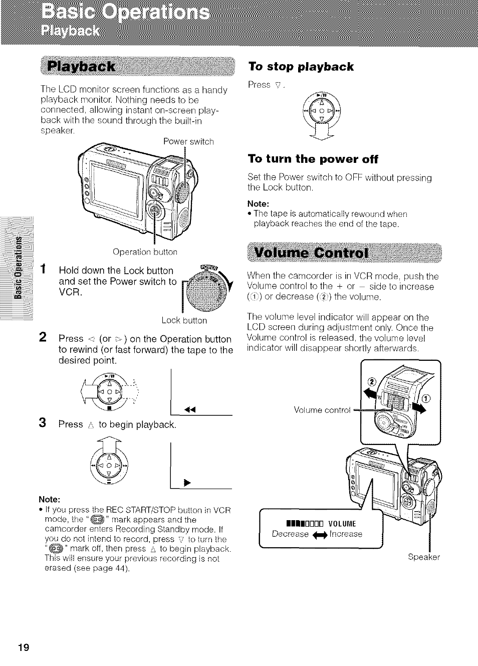 Playback, 3 press a to begin playback, To stop playback | To turn the power off, Volume control | Sharp VIEWCAM VL-NZ50U User Manual | Page 32 / 83