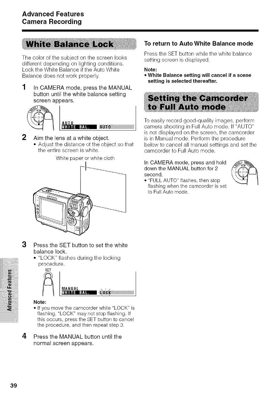 White balance lock, To return to auto white balance mode, Setting the camcorder to full auto mode | Sharp VIEWCAM VL-NZ50U User Manual | Page 52 / 83
