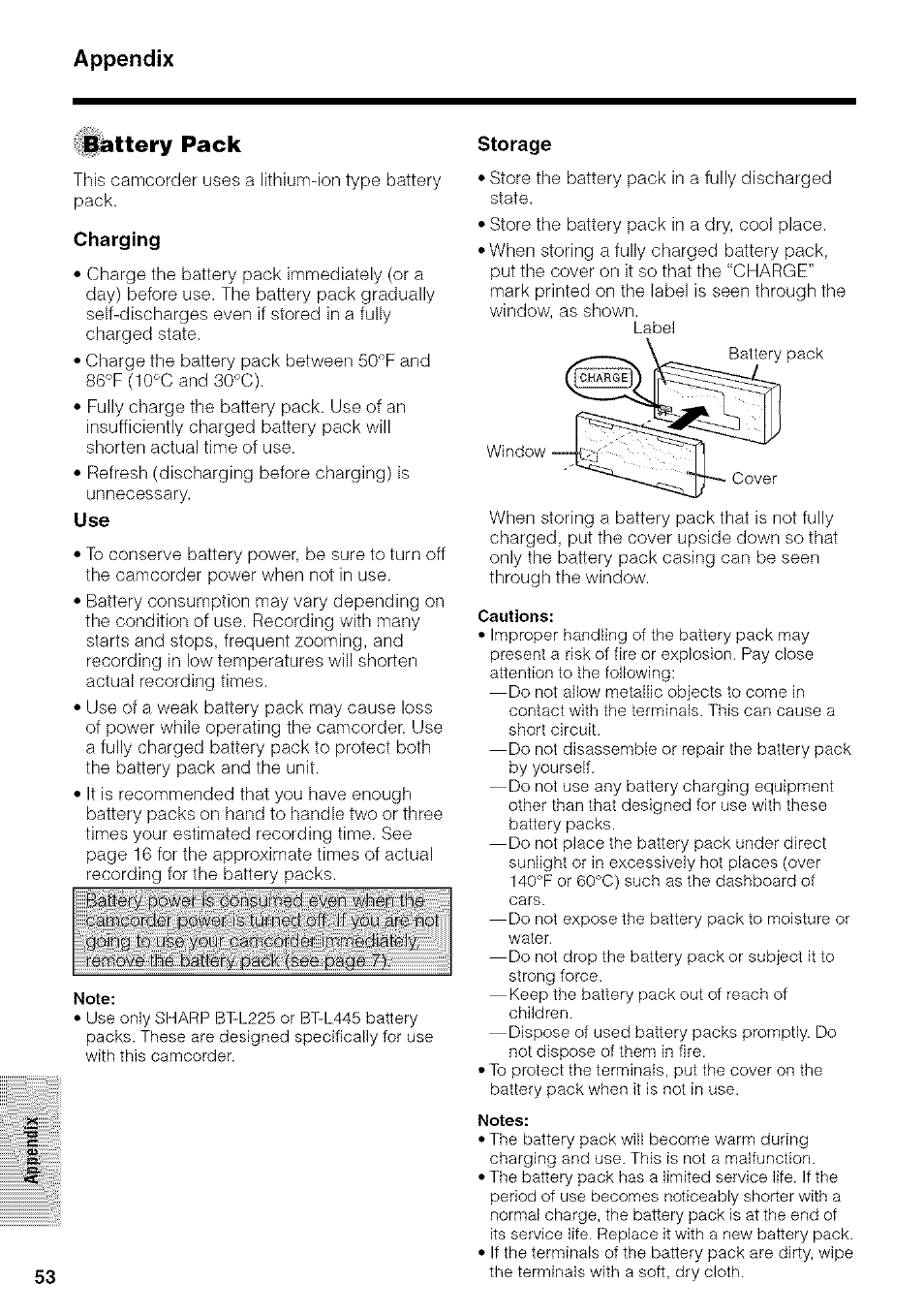 Battery pack, Charging, Storage | Appendix | Sharp VIEWCAM VL-NZ50U User Manual | Page 66 / 83