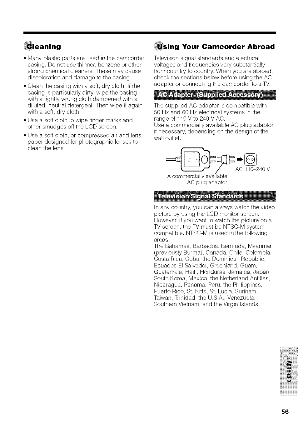 Cleaning, Using your camcorder abroad | Sharp VIEWCAM VL-NZ50U User Manual | Page 69 / 83