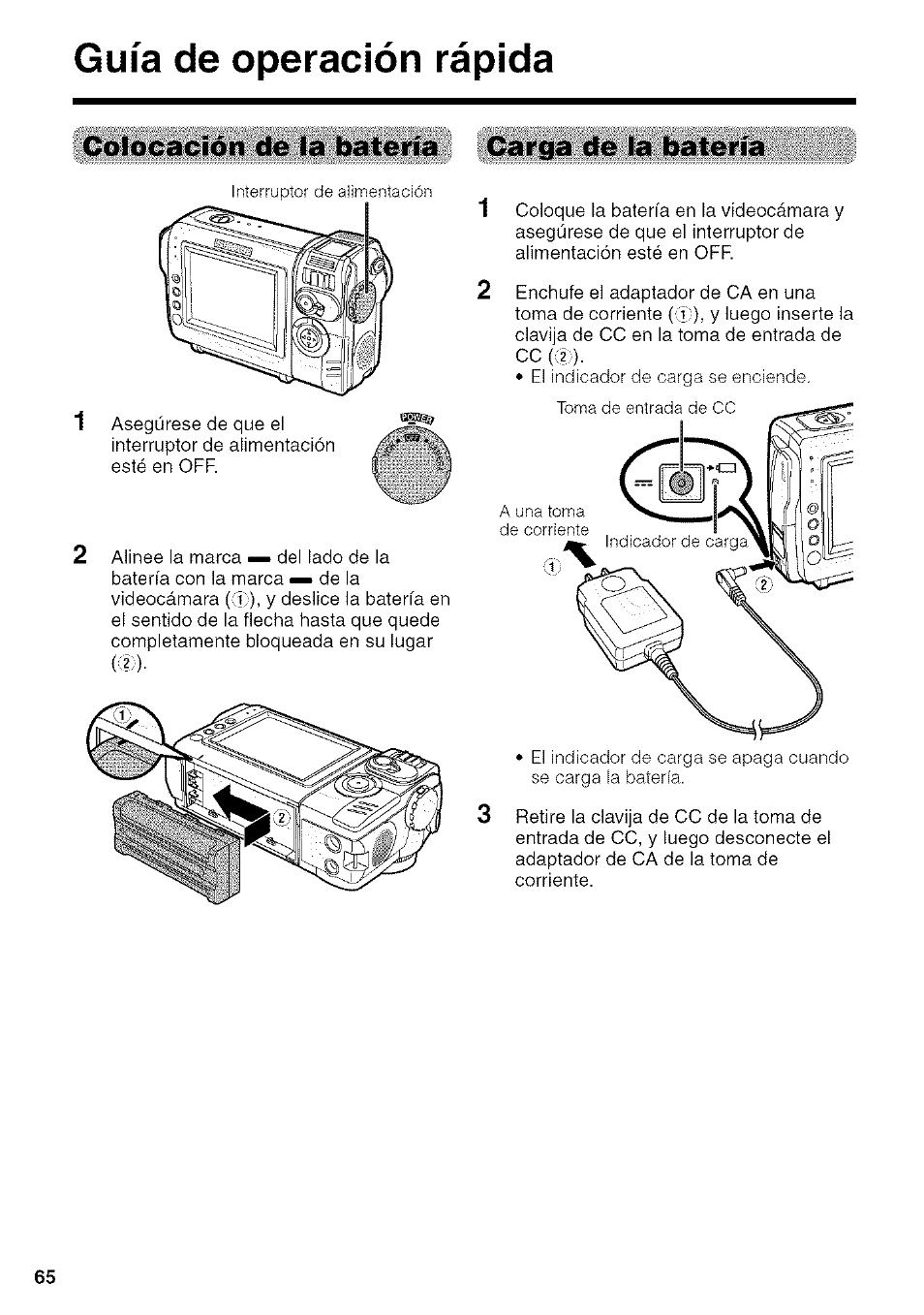 Guía de operación rápida, Carga de la batería, Colocación de la batería | Sharp VIEWCAM VL-NZ50U User Manual | Page 78 / 83