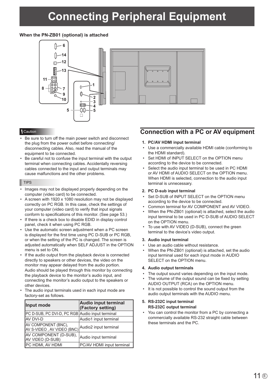 Connecting peripheral equipment, Connection with a pc or av equipment | Sharp PN-E802 User Manual | Page 11 / 56