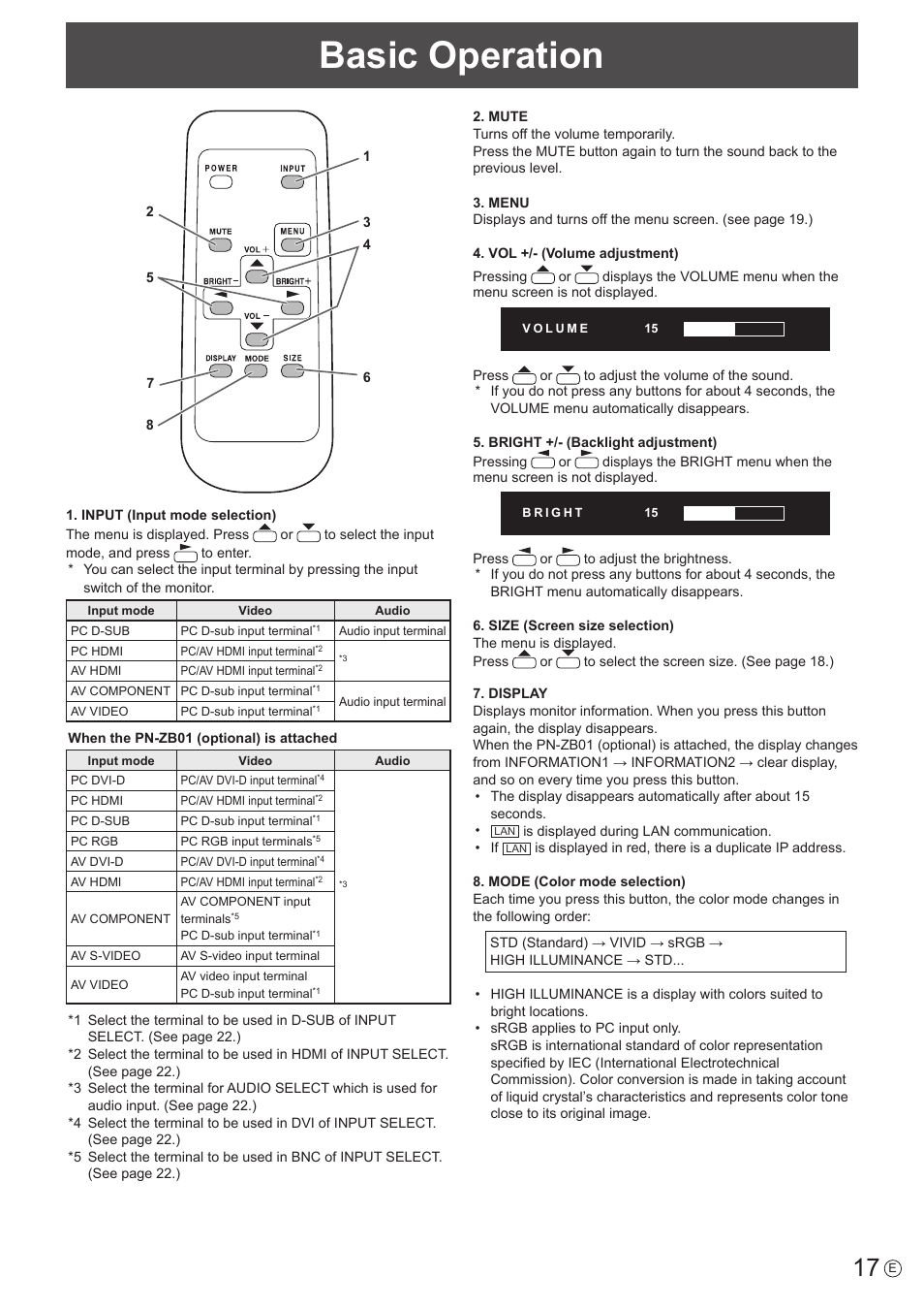 Basic operation | Sharp PN-E802 User Manual | Page 17 / 56