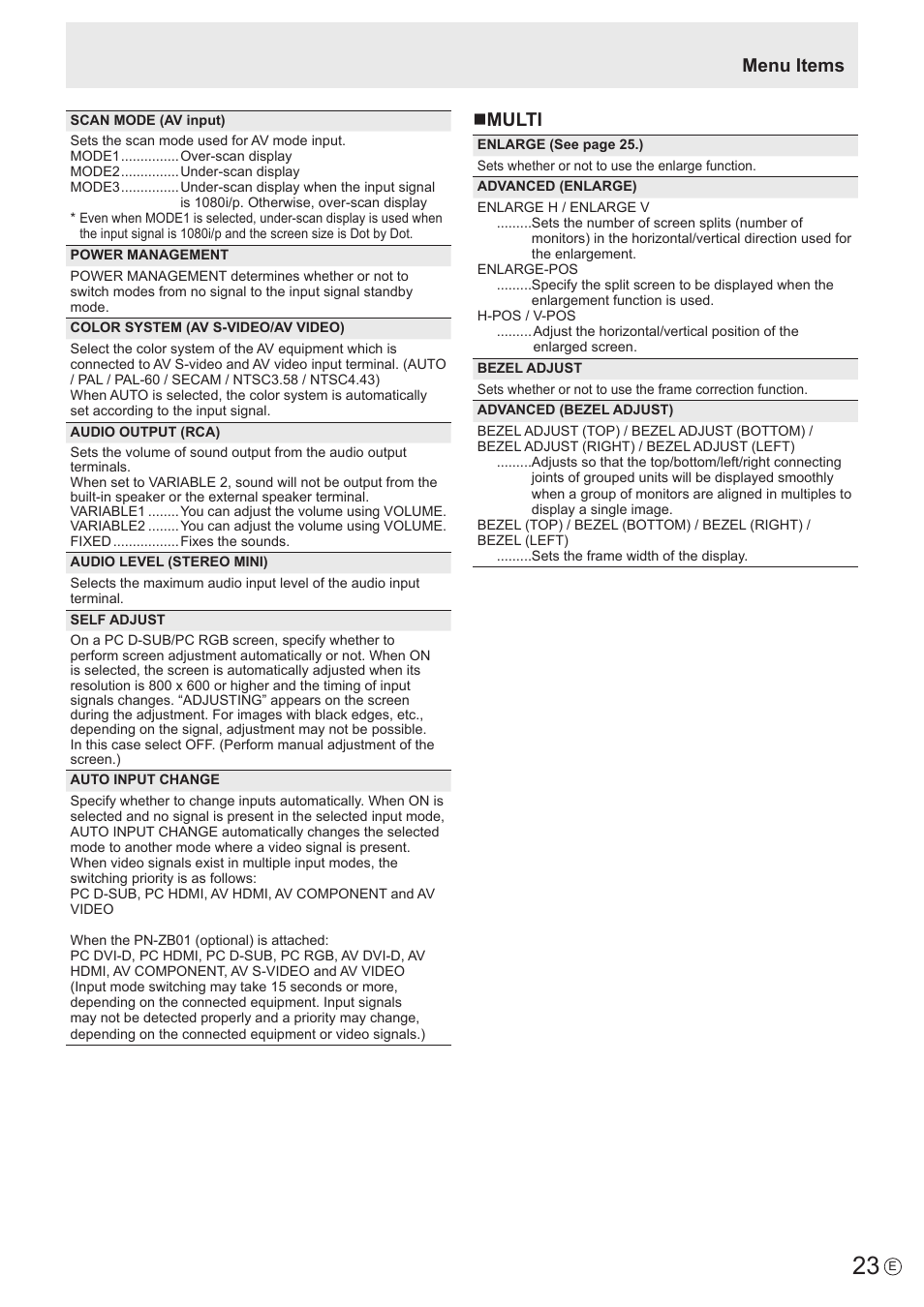 Menu items, Nmulti | Sharp PN-E802 User Manual | Page 23 / 56
