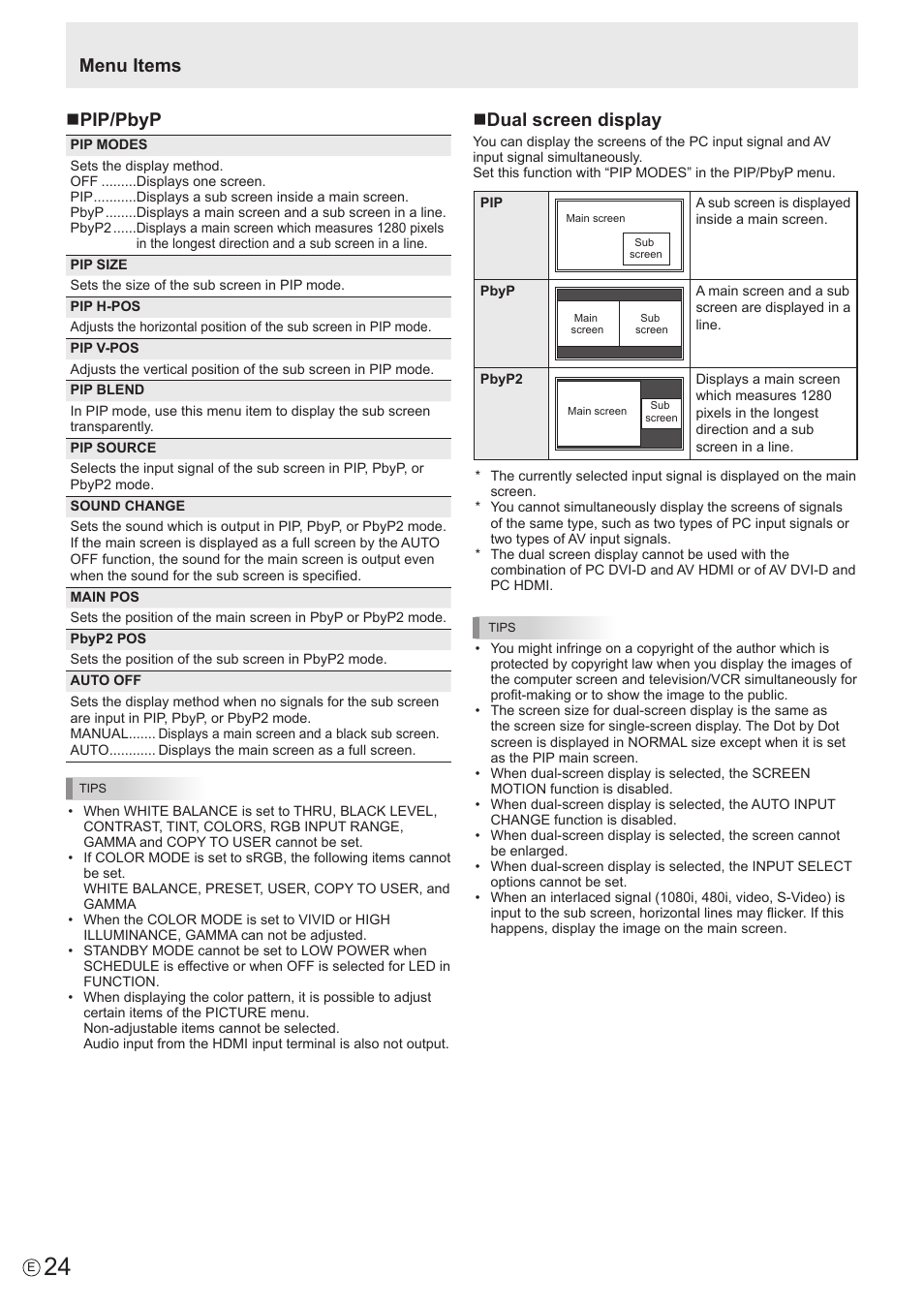 Menu items n pip/pbyp, Ndual screen display | Sharp PN-E802 User Manual | Page 24 / 56