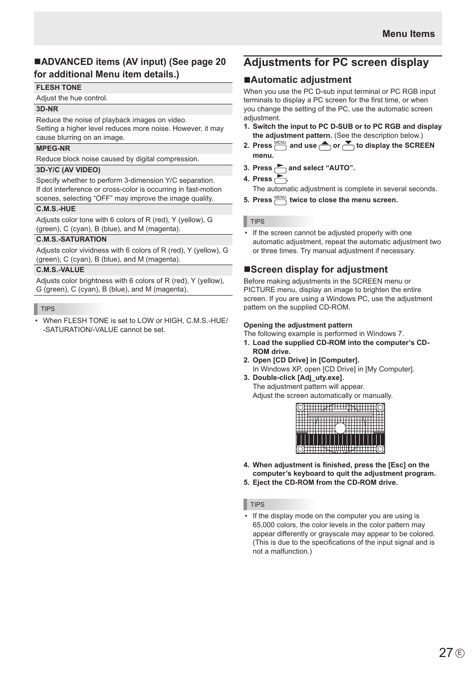 Adjustments for pc screen display, Nautomatic adjustment, Nscreen display for adjustment | Menu items | Sharp PN-E802 User Manual | Page 27 / 56