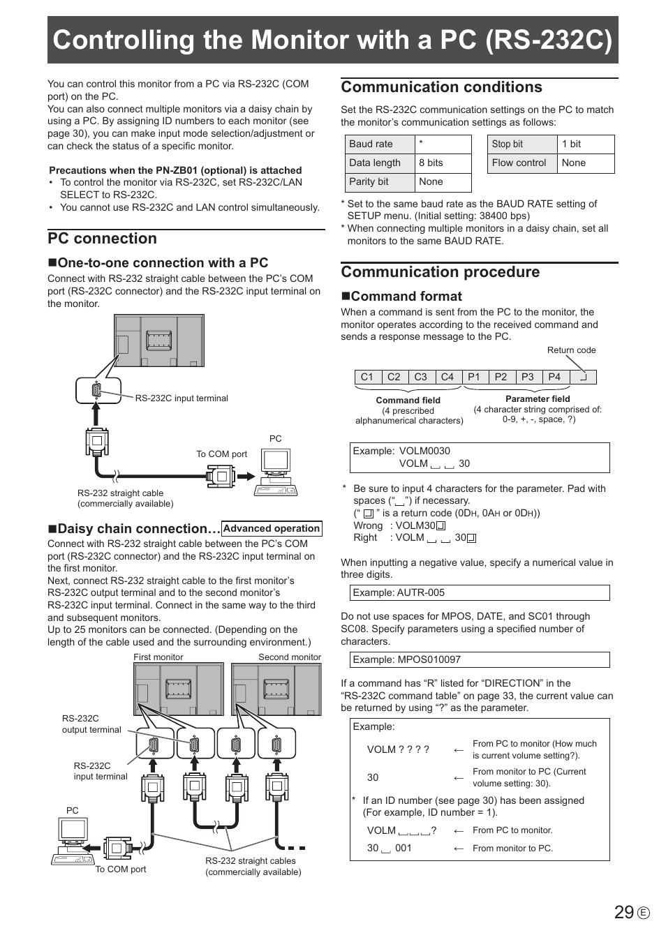 Controlling the monitor with a pc (rs-232c), Pc connection, Communication conditions | Communication procedure, None-to-one connection with a pc, Ndaisy chain connection, Ncommand format | Sharp PN-E802 User Manual | Page 29 / 56