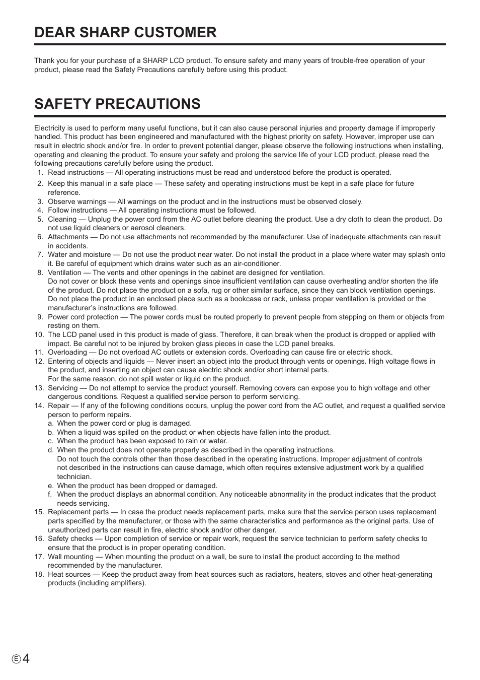 Dear sharp customer, Safety precautions | Sharp PN-E802 User Manual | Page 4 / 56