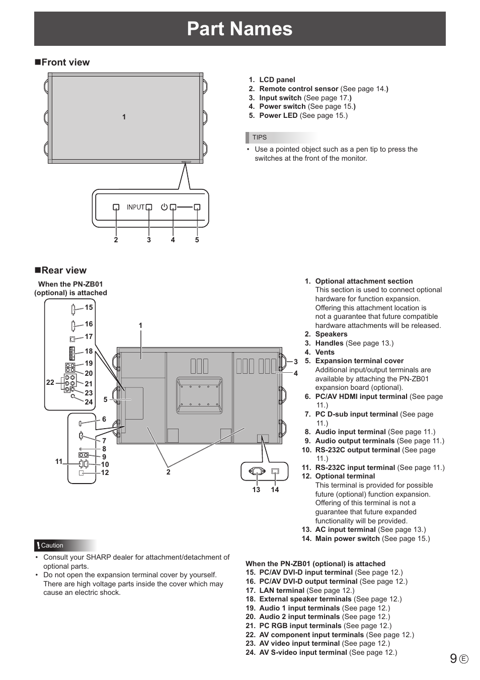 Part names, Nfront view, Nrear view | Sharp PN-E802 User Manual | Page 9 / 56
