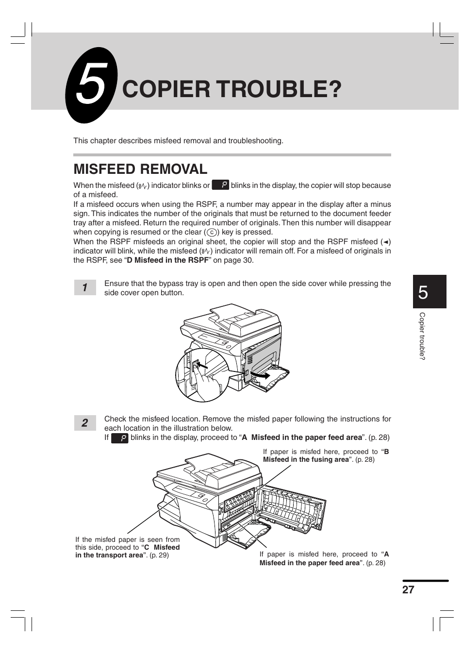 Copier trouble, Misfeed removal | Sharp AR-156 User Manual | Page 29 / 52