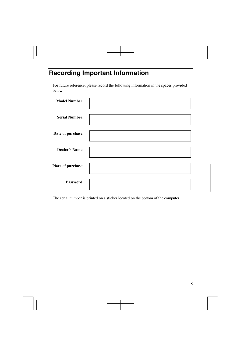 Recording important information | Sharp PC-MM1 User Manual | Page 11 / 123
