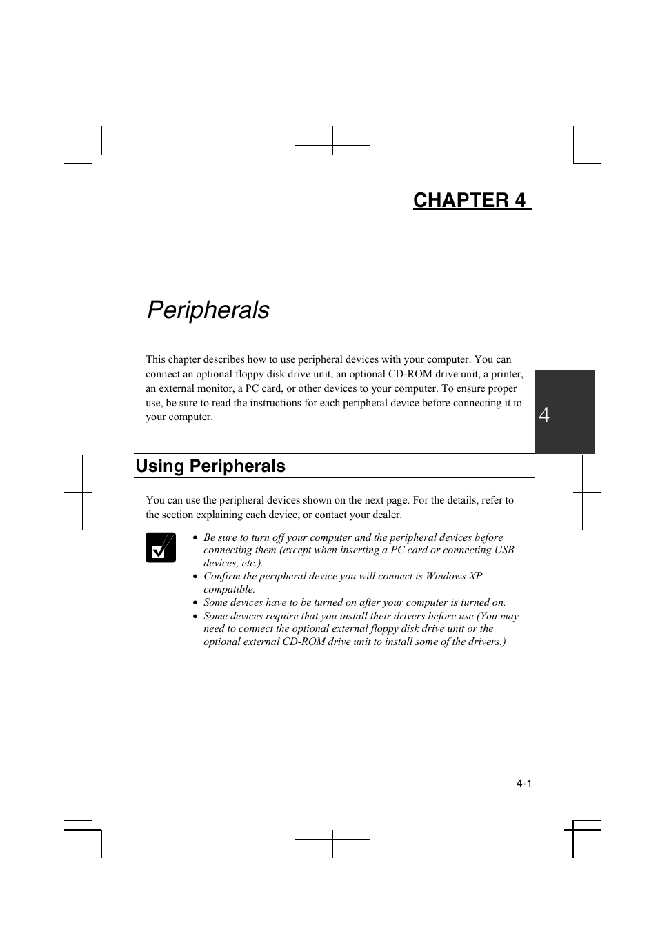 Peripherals, Using peripherals, Chapter 4 | Sharp PC-MM1 User Manual | Page 51 / 123