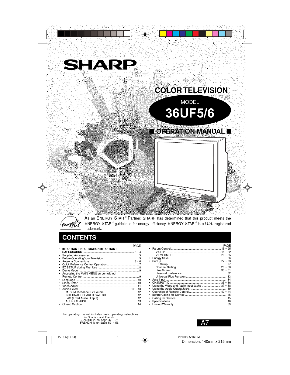 Sharp 36UF5/6 User Manual | 57 pages