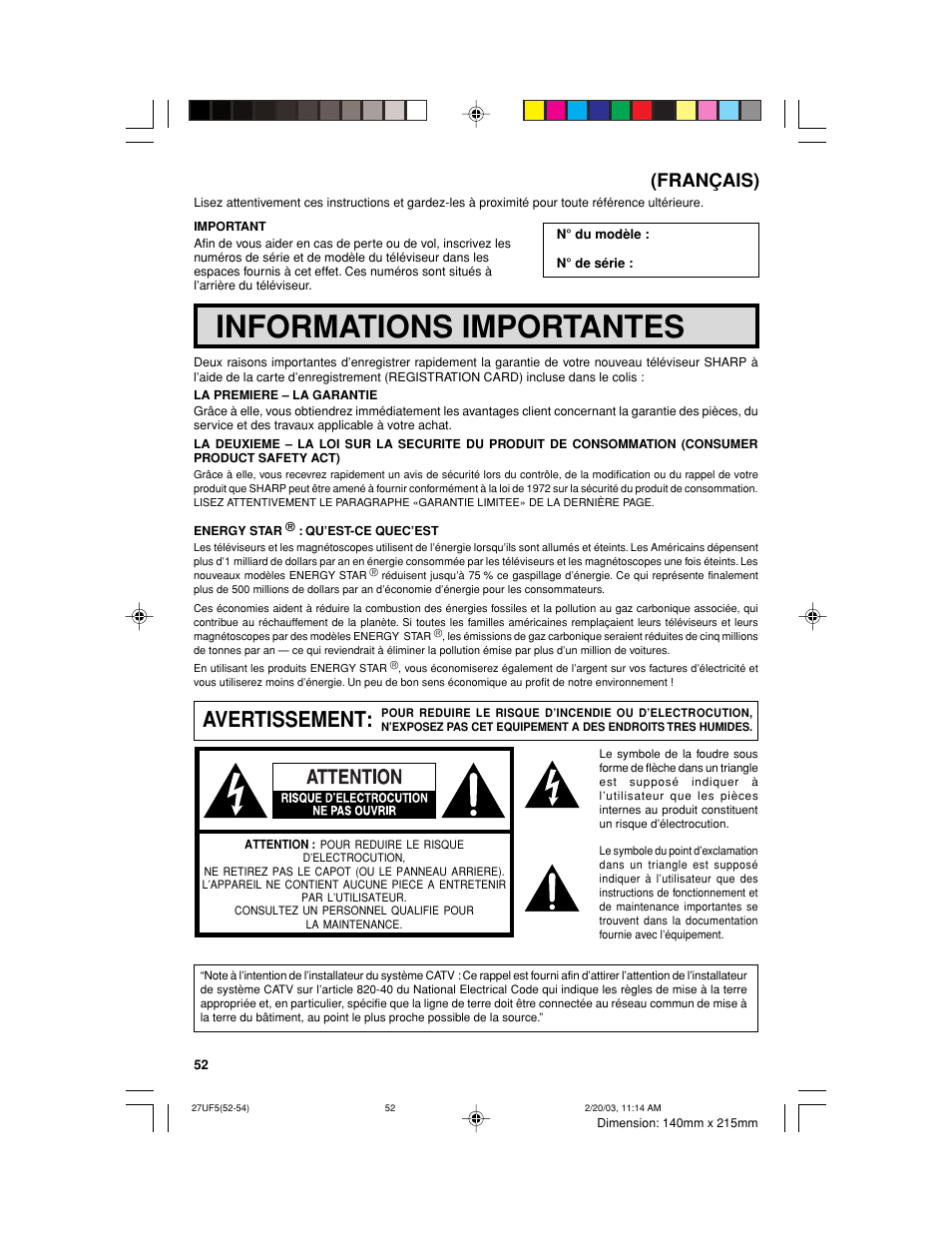Informations importantes, Avertissement, Français) | Sharp 36UF5/6 User Manual | Page 52 / 57