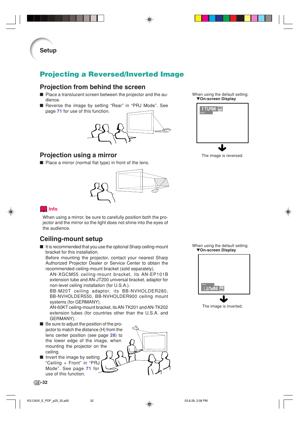 Projecting a reversed/inverted image, Projection from behind the screen, Projection using a mirror | Ceiling-mount setup, Setup | Sharp XG-C60X User Manual | Page 36 / 106