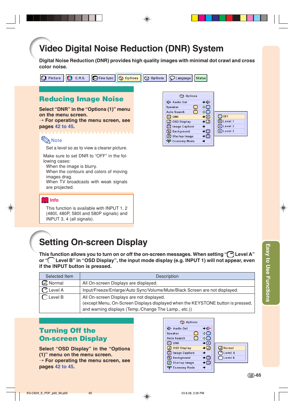 Video digital noise reduction (dnr) system, Setting on-screen display, Reducing image noise | Turning off the on-screen display | Sharp XG-C60X User Manual | Page 69 / 106