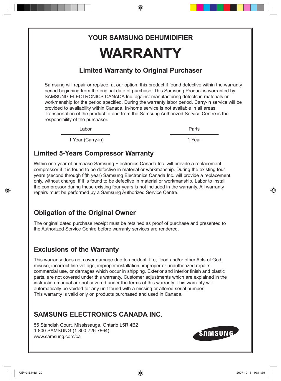 Warranty, Your samsung dehumidifier, Limited warranty to original purchaser | Limited 5-years compressor warranty, Obligation of the original owner, Exclusions of the warranty, Samsung electronics canada inc | Samsung DED50EL8 User Manual | Page 19 / 20