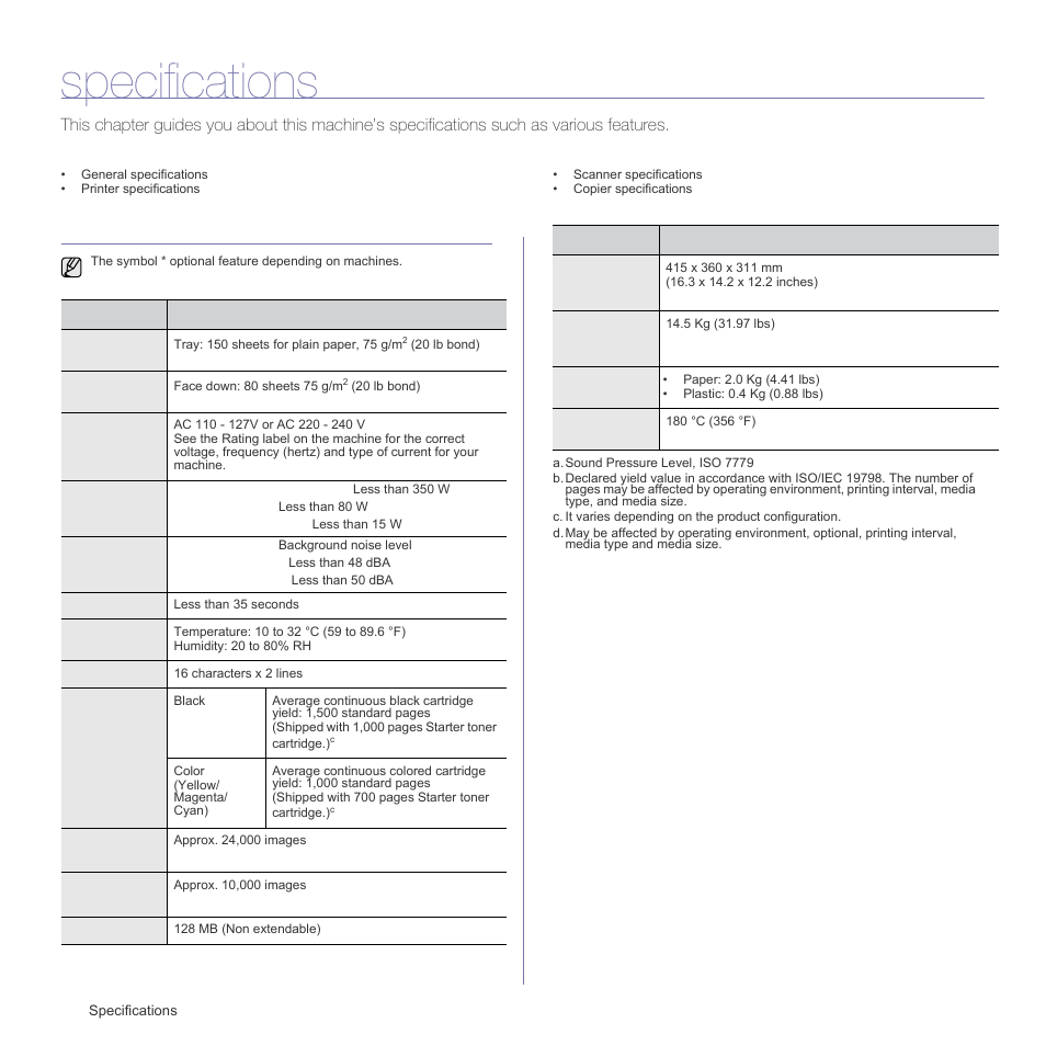 Specifications, General specifications | Samsung CLX-3175FN User Manual | Page 163 / 218
