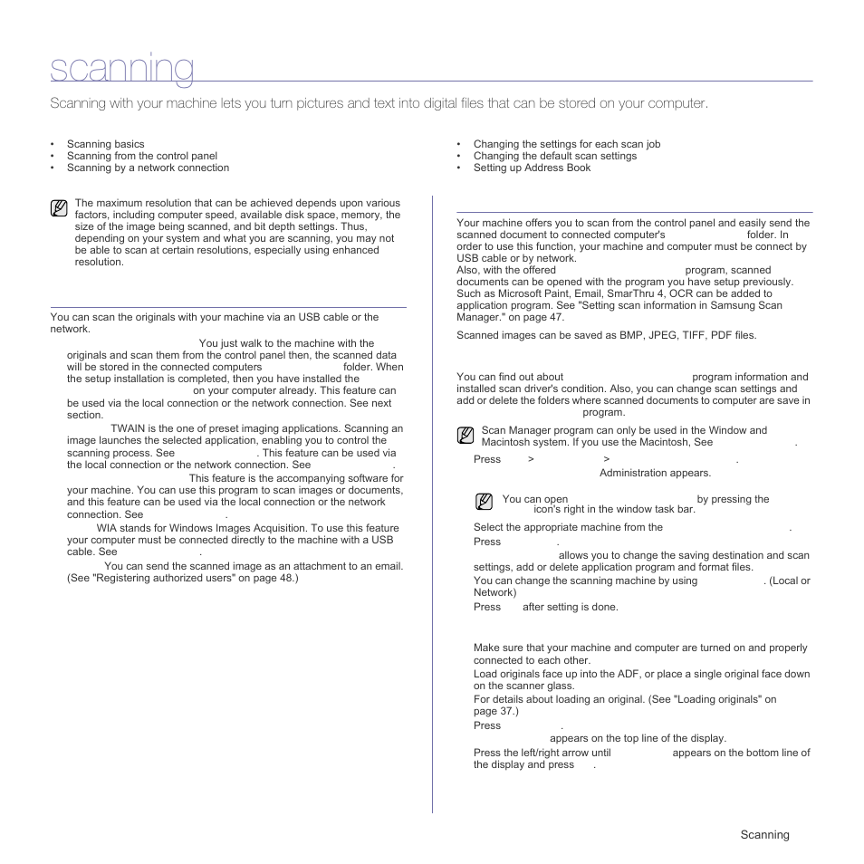 Scanning, Scanning basics, Scanning from the control panel | Setting scan information in samsung scan manager, Scanning to application programs | Samsung CLX-3175FN User Manual | Page 47 / 218