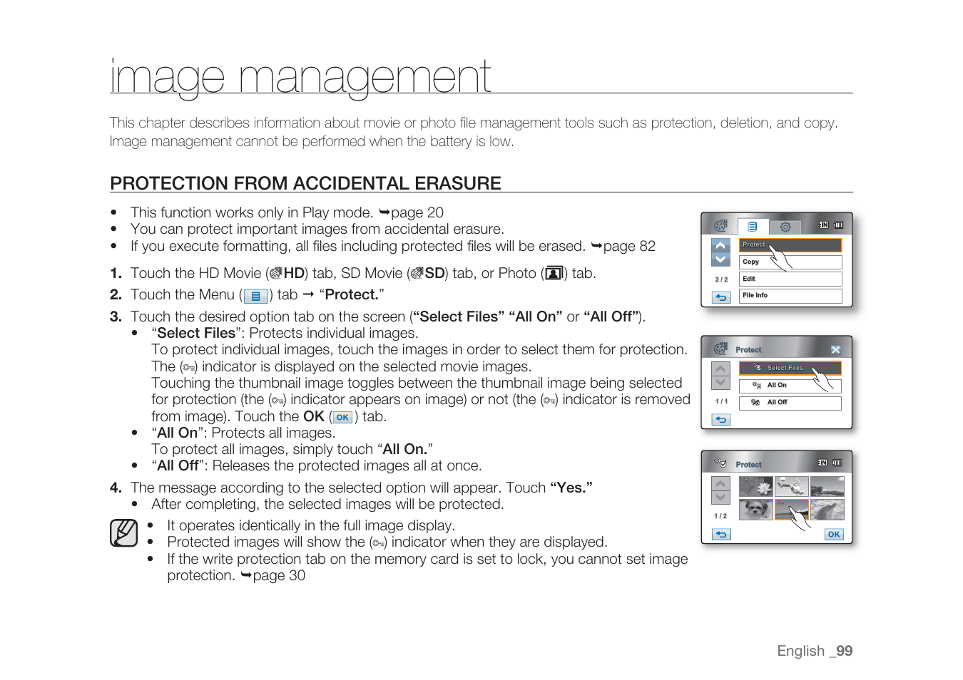 Image management, Protection from accidental erasure | Samsung HMX-H1062SP User Manual | Page 109 / 144