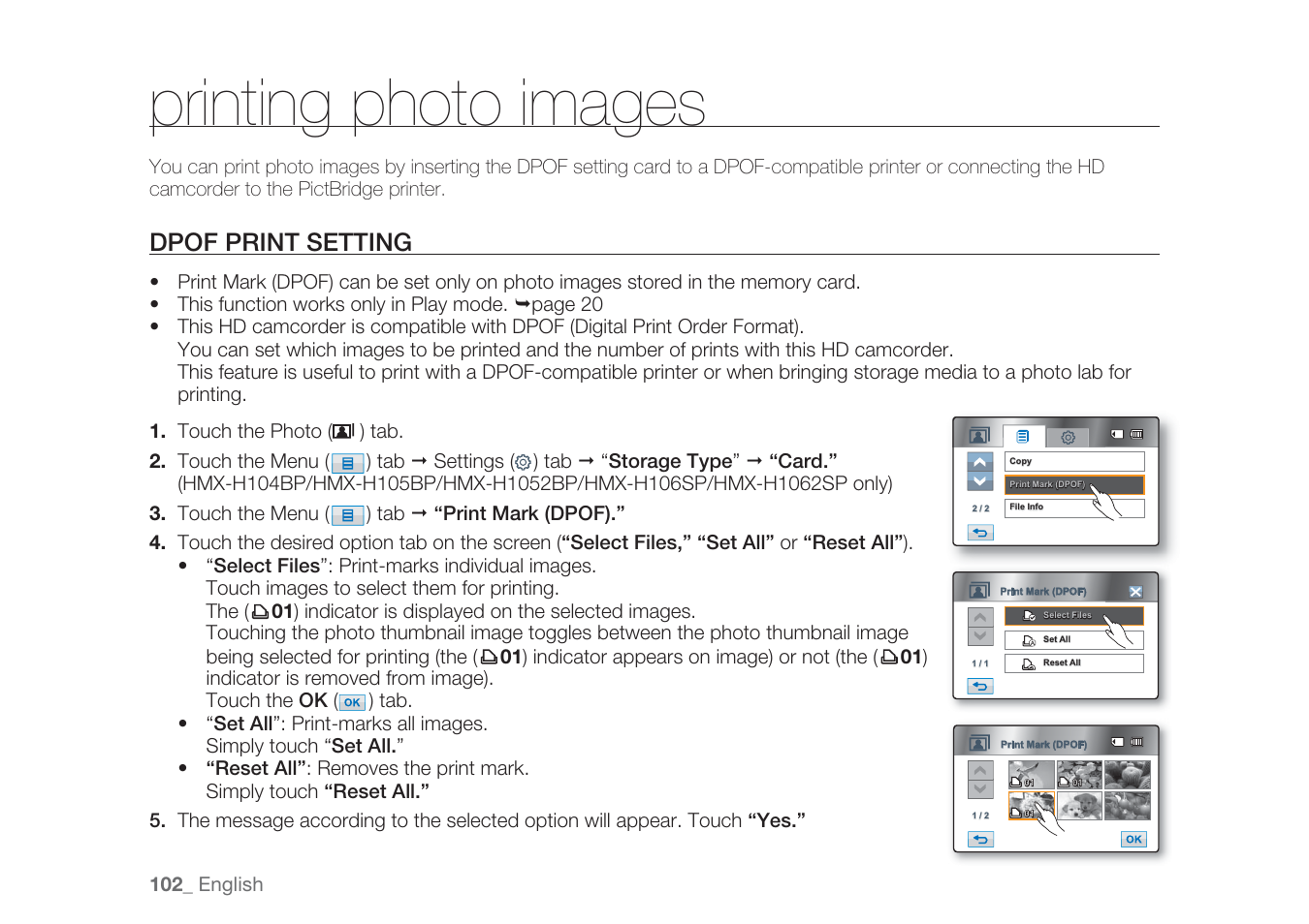 Printing photo images, Dpof print setting | Samsung HMX-H1062SP User Manual | Page 112 / 144