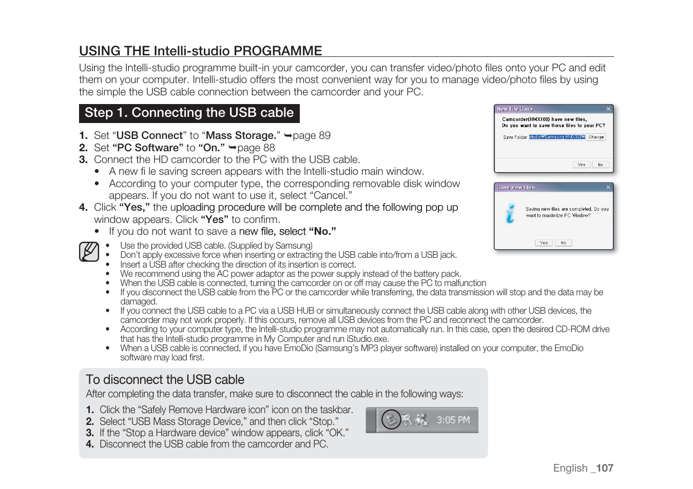 Using the intelli-studio programme, Step 1. connecting the usb cable | Samsung HMX-H1062SP User Manual | Page 117 / 144