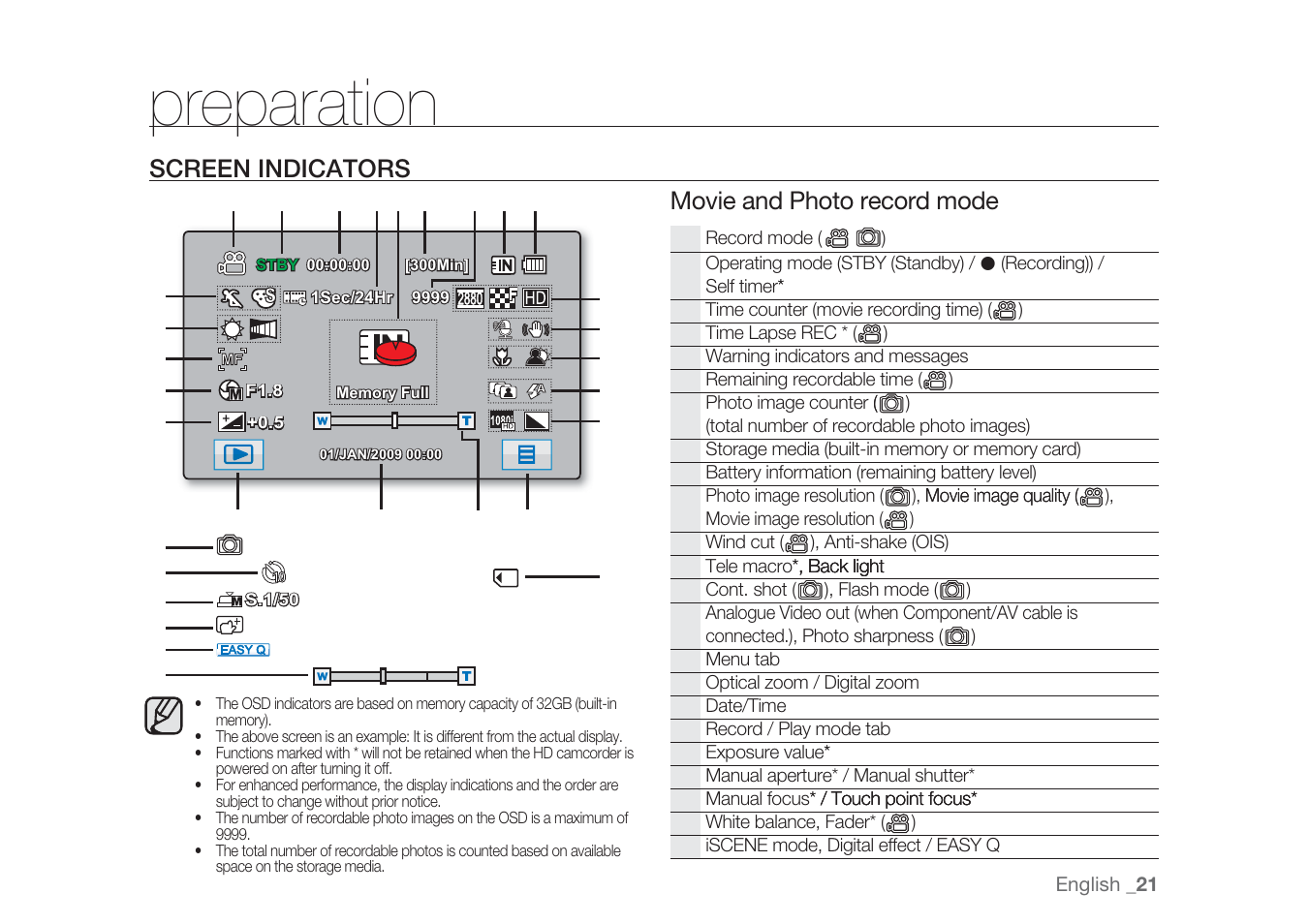 Preparation, Screen indicators, Movie and photo record mode | Samsung HMX-H1062SP User Manual | Page 31 / 144