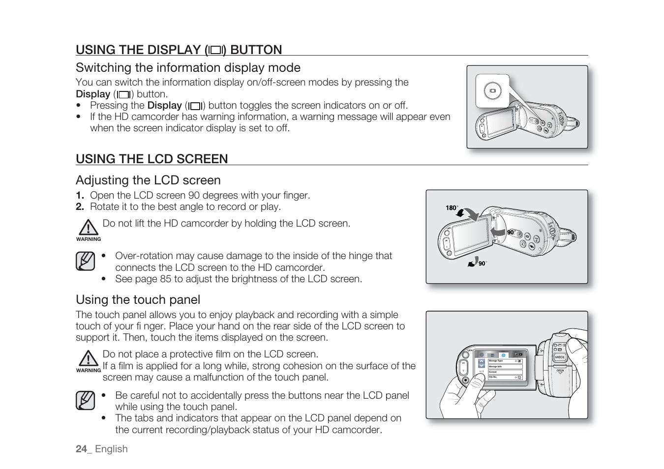 Using the lcd screen adjusting the lcd screen, Using the touch panel | Samsung HMX-H1062SP User Manual | Page 34 / 144