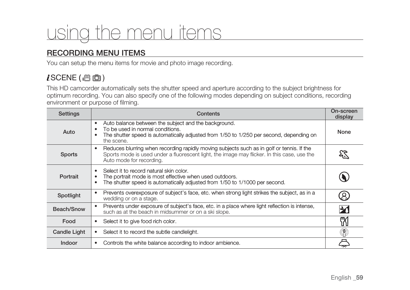 Using the menu items, Recording menu items, Scene ( ( ) | Samsung HMX-H1062SP User Manual | Page 69 / 144