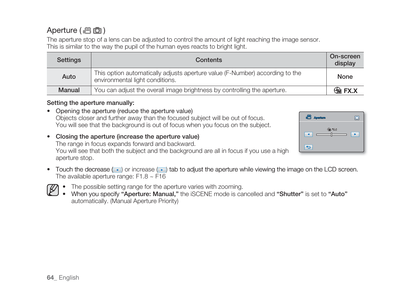 Aperture ( ) | Samsung HMX-H1062SP User Manual | Page 74 / 144