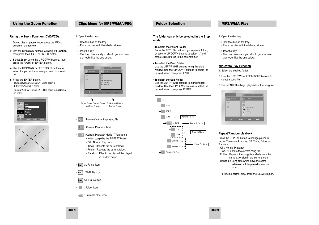 Using the zoom function, Clips menu for mp3/wma/jpeg, Folder selection | Mp3/wma play | Samsung DVD-P248A User Manual | Page 11 / 16