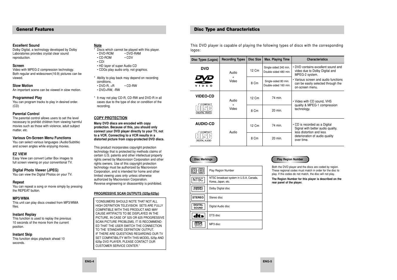 General features, Disc type and characteristics | Samsung DVD-P248A User Manual | Page 3 / 16
