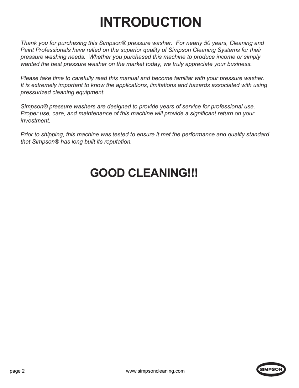 Introduction, Good cleaning | Simpson PS4240H User Manual | Page 2 / 14