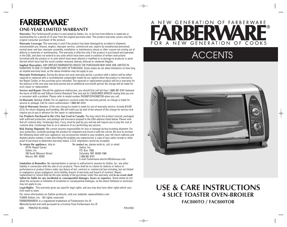 FARBERWARE 4 SLICE TOASTER OVEN-BROILER FAC800TO User Manual | 20 pages