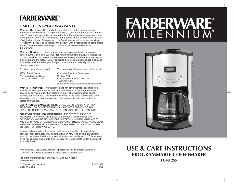 FARBERWARE PROGRAMMABLE COFFEEMAKER FCM12SS User Manual | 12 pages