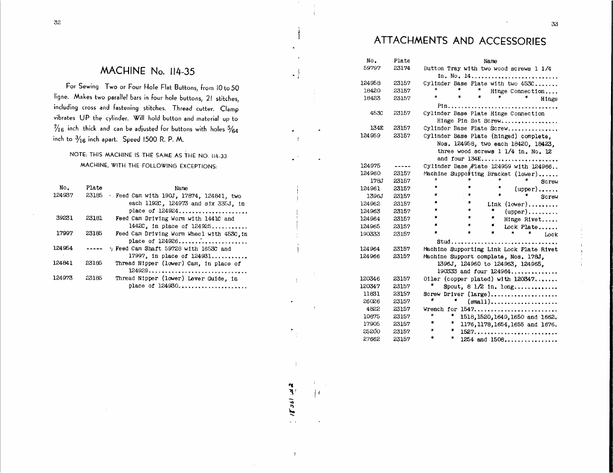 Attachments and accessories, Machine no. 114-35, Machine no | SINGER 114-34 User Manual | Page 17 / 43