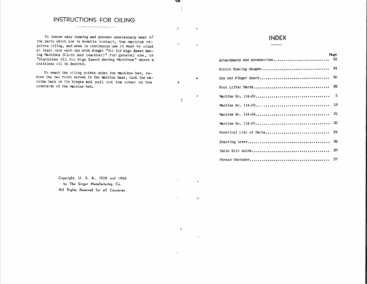 Instructions for oiling, Index | SINGER 114-34 User Manual | Page 2 / 43