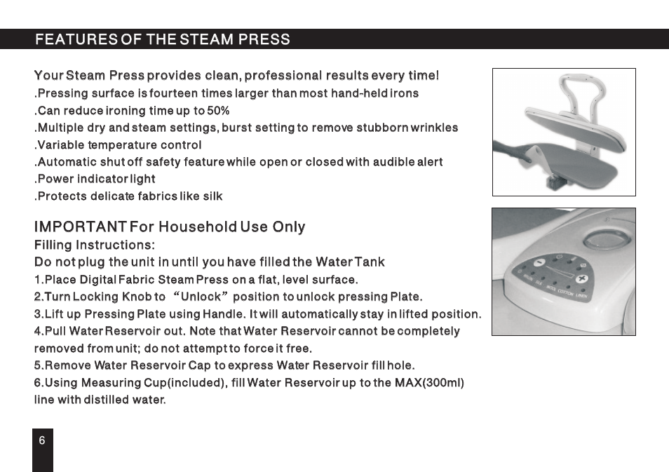 Т³гж 7, Features of the steam press, Important for household use only | SINGER ESP 2 User Manual | Page 7 / 15